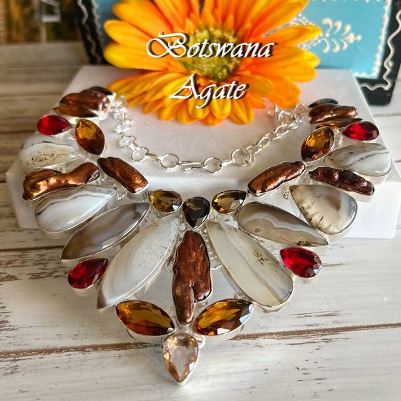 Botswana Agate Necklace Biwa Pearl Handmade Gemstone Crystal 925